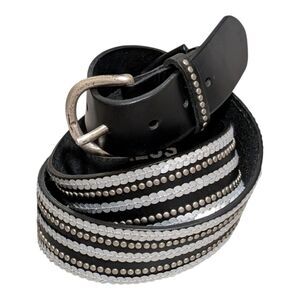 Vintage Express black leather belt size Large sequin silver stud fashion buckle